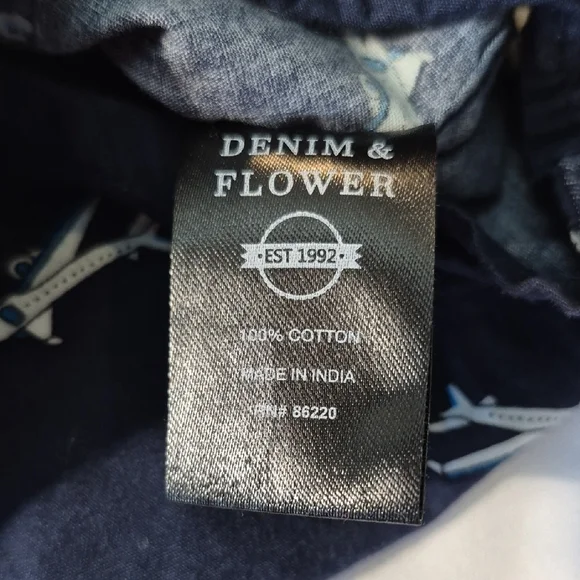 Denim & Flower Short Sleeve XL Airplane Print Blue Casual Button Down Shirt Mens - Picture 9 of 13